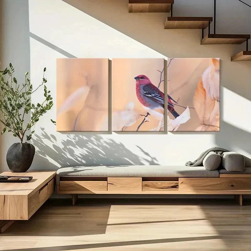 3pcs Bird on a Branch With Autumn Leaves Wall Art Set Canvas Framed 50x70cm - High Quality Print 100% Australian Made Wall Canvas Ready to Hang - Bella Home Decor