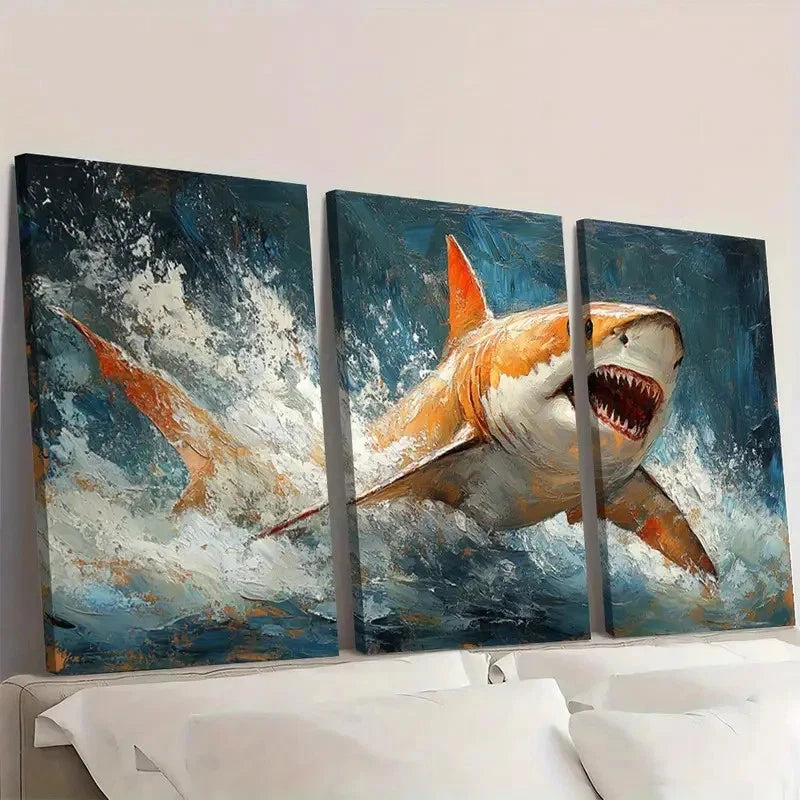 3pcs Tiger Shark Painting Ocean SeascapeI I   Wall Art Set Canvas Framed 60x90cm - High Quality Print 100% Australian Made Wall Canvas Ready to Hang - Bella Home Decor