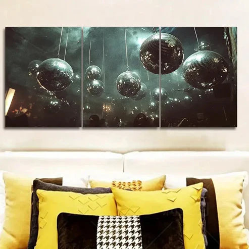 3pcs Silver disco balls hang from the ceiling Wall Art Set Canvas Unframed - High Quality Print 100% Australian Made Wall Canvas