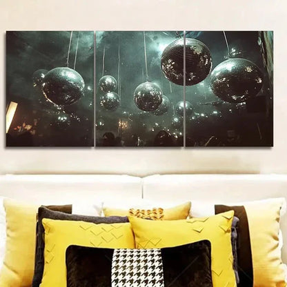3pcs Silver disco balls hang from the ceiling Wall Art Set Canvas Unframed - High Quality Print 100% Australian Made Wall Canvas
