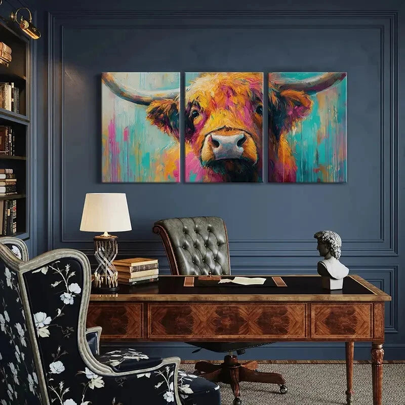 3pcs Vibrant Highland Cow Art Colorful Abstract Metal Print Ready to Hang Art