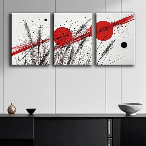 3pcs Colorful Red Line & Black Dot Design Wall Art Set Canvas Unframed - High Quality Print 100% Australian Made Wall Canvas - Bella Home Decor
