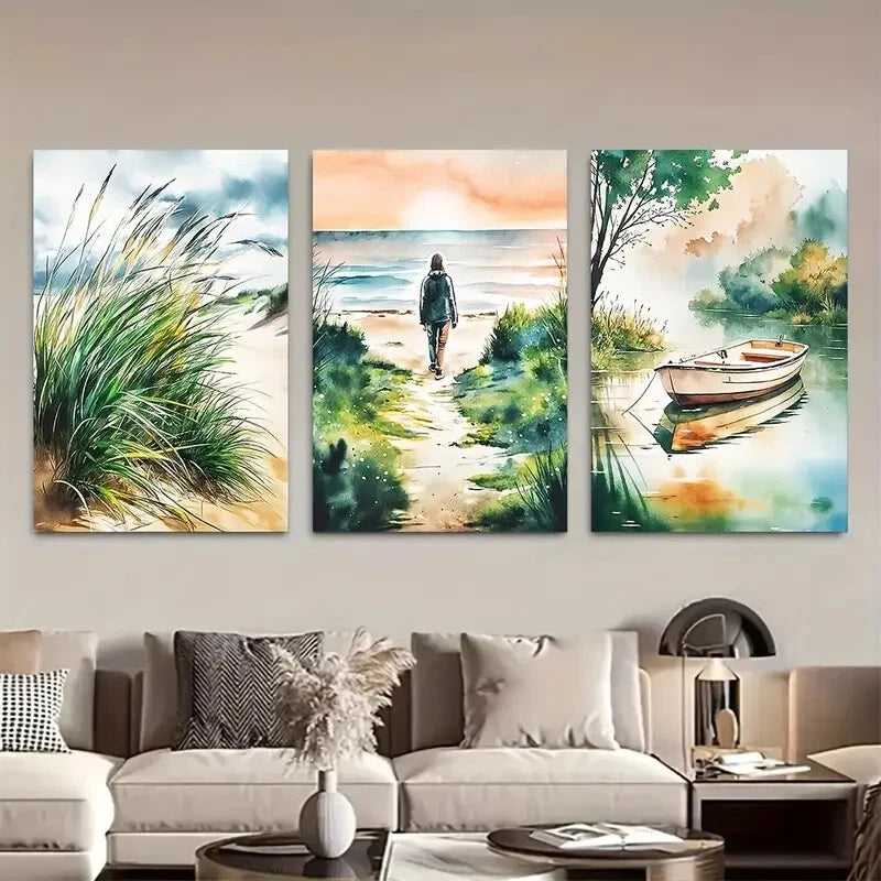 3pcs Abstract Sea Views Seaside Grass Boat Neutral Metal Print Ready to Hang Art - Bella Home Decor