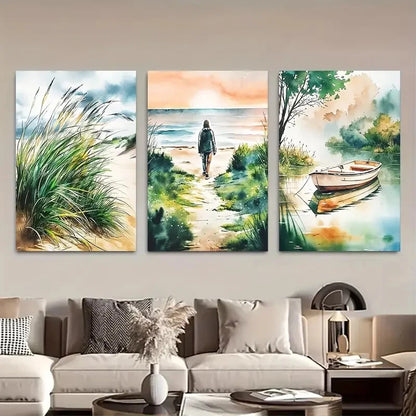 3pcs Abstract Sea Views Seaside Grass Boat Neutral Metal Print Ready to Hang Art - Bella Home Decor