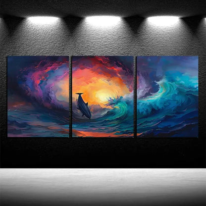 3pcs Vibrant Dolphin Seascape Abstract Ocean Wave Metal Print Ready to Hang Art