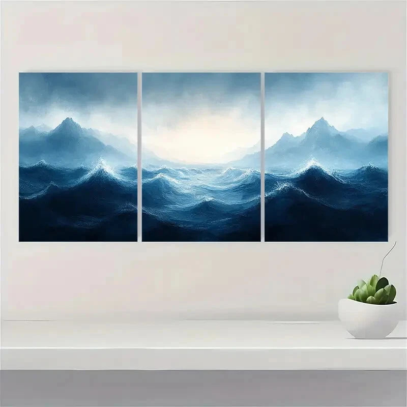 3pcs Seascape Painting Art Expressive Brushstrokes Metal Print Ready to Hang Art - Bella Home Decor
