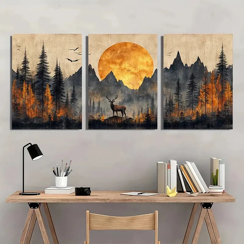 3pcs Rustic Nature Scene Deer Birds & Mountains Metal Print Ready to Hang Art - Bella Home Decor