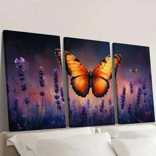 3pcs Butterfly Painting Lavender FG Wall Art Set Canvas Framed 60x90cm - High Quality Print 100% Australian Made Wall Canvas Ready to Hang