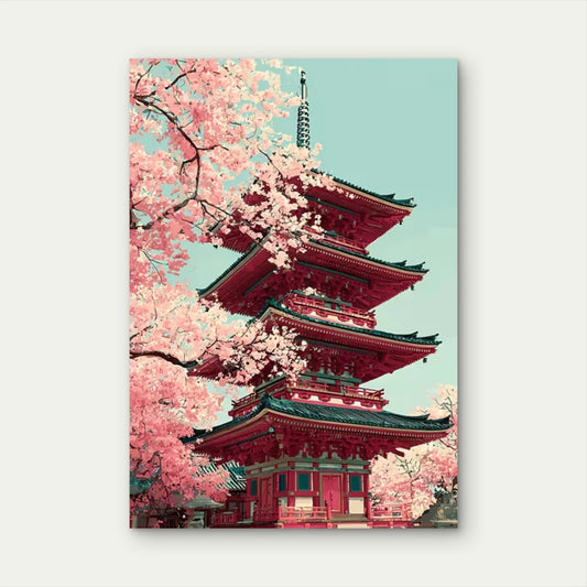 Japanese Pagoda & Cherry Blossoms 60x90cm Metal Print Ready to Hang
