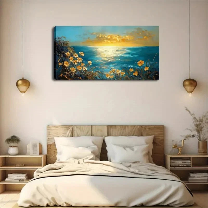 Warm Yellow Sky Blue Sea Blend Wall Art Canvas Office Home Room Framed 120x60cm