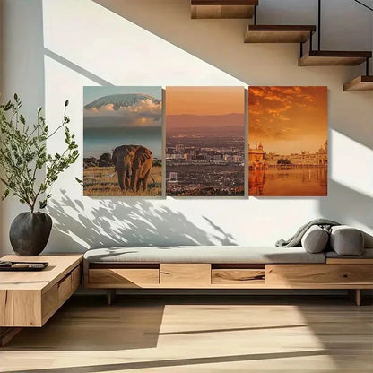 3pcs Majestic Elephant, Serene Cityscape Metal Print Ready to Hang Art