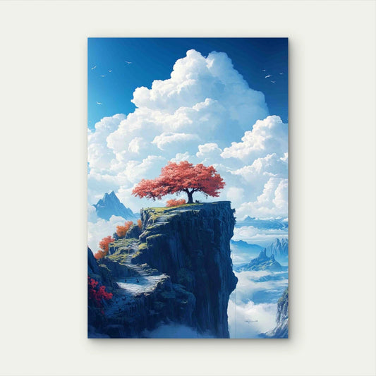 Majestic Red Tree Cliff With Clouds 60x90cm Metal Print Ready to Hang
