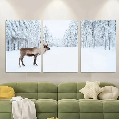 3pcs Moose In Snow Winter Metal Print Ready to Hang Art