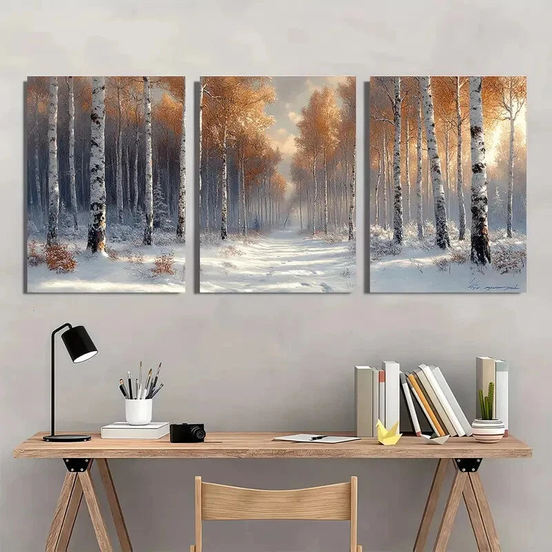 3pcs Snowy Birch Trees & Aspen Landscape Metal Print Ready to Hang Art - Bella Home Decor