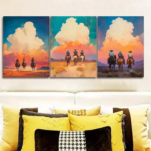 3pcs Vibrant Cowboy Riding Scenes Wall Art Canvas Unframed - High Quality Print 100% Australian Made Wall Canvas