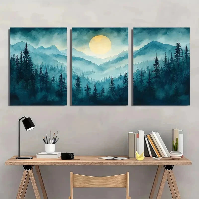 3pcs Oregon Forest Painting Pine Watercolor Metal Print Ready to Hang Art - Bella Home Decor