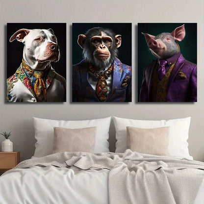 3pcs Bulldog Monkey Pig Animal Wearing Clothes Metal Print Ready to Hang Art - Bella Home Decor