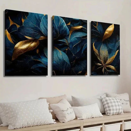 3pcs Abstract Golden And Blue Tropical Leaves Wall Art Set Canvas Unframed - High Quality Print 100% Australian Made Wall Canvas - Bella Home Decor