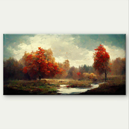 Autumn Landscape River and Red Trees Wall Art Canvas Office Home Framed 120x60cm