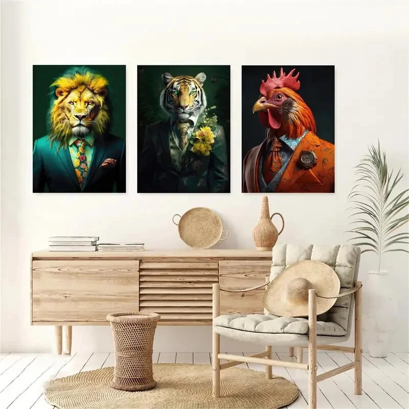 3pcs Rooster Tiger Lion Portrait Décor Perfect Wall Art Set Canvas Framed 40x60cm - High Quality Print 100% Australian Made Wall Canvas Ready to Hang - Bella Home Decor