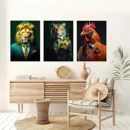 3pcs Rooster Tiger Lion Portrait Décor Perfect Wall Art Set Canvas Framed 40x60cm - High Quality Print 100% Australian Made Wall Canvas Ready to Hang - Bella Home Decor