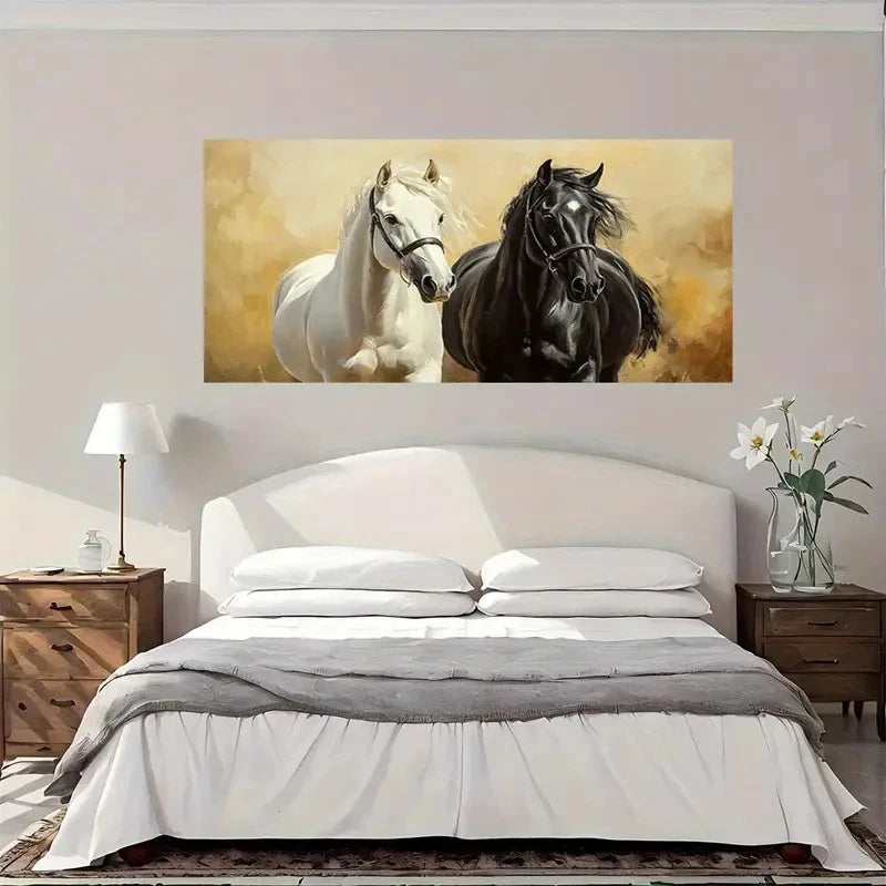 White Horse & Black Horse Wall Art Canvas Office Home Room Framed 120x60cm