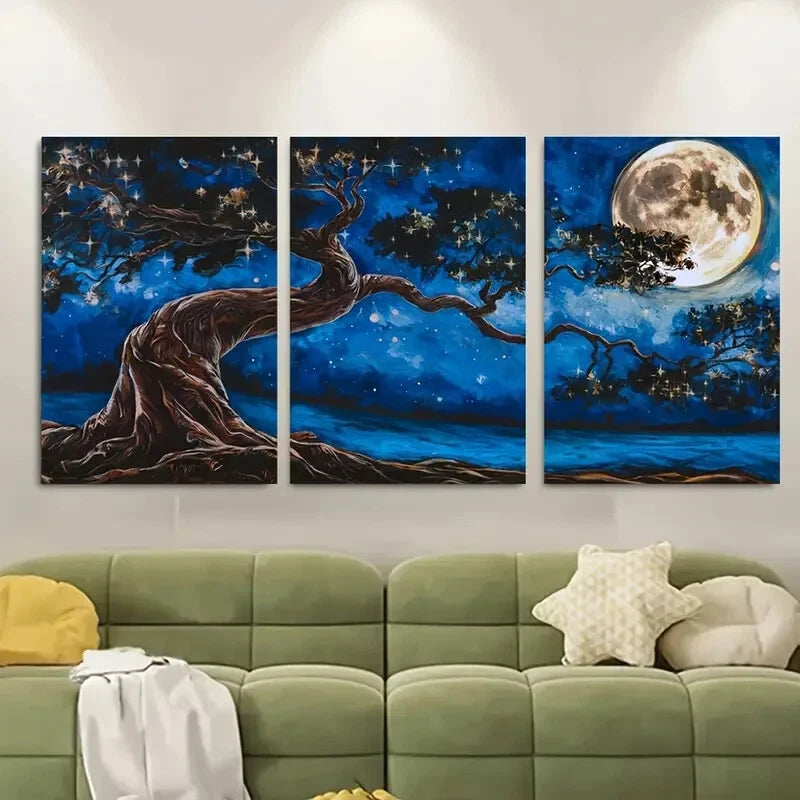 3pcs Mystical Moonlit Forest Scene with Pine Trees Metal Print Ready to Hang Art
