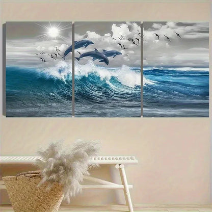 3pcs Dolphins and Seagulls Over Waves Wall Art Set Canvas Framed 40x60cm - High Quality Print 100% Australian Made Wall Canvas Ready to Hang - Bella Home Decor