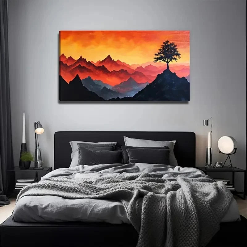 High Mountain Tree Wall Art Canvas Office Home Room Framed 120x60cm