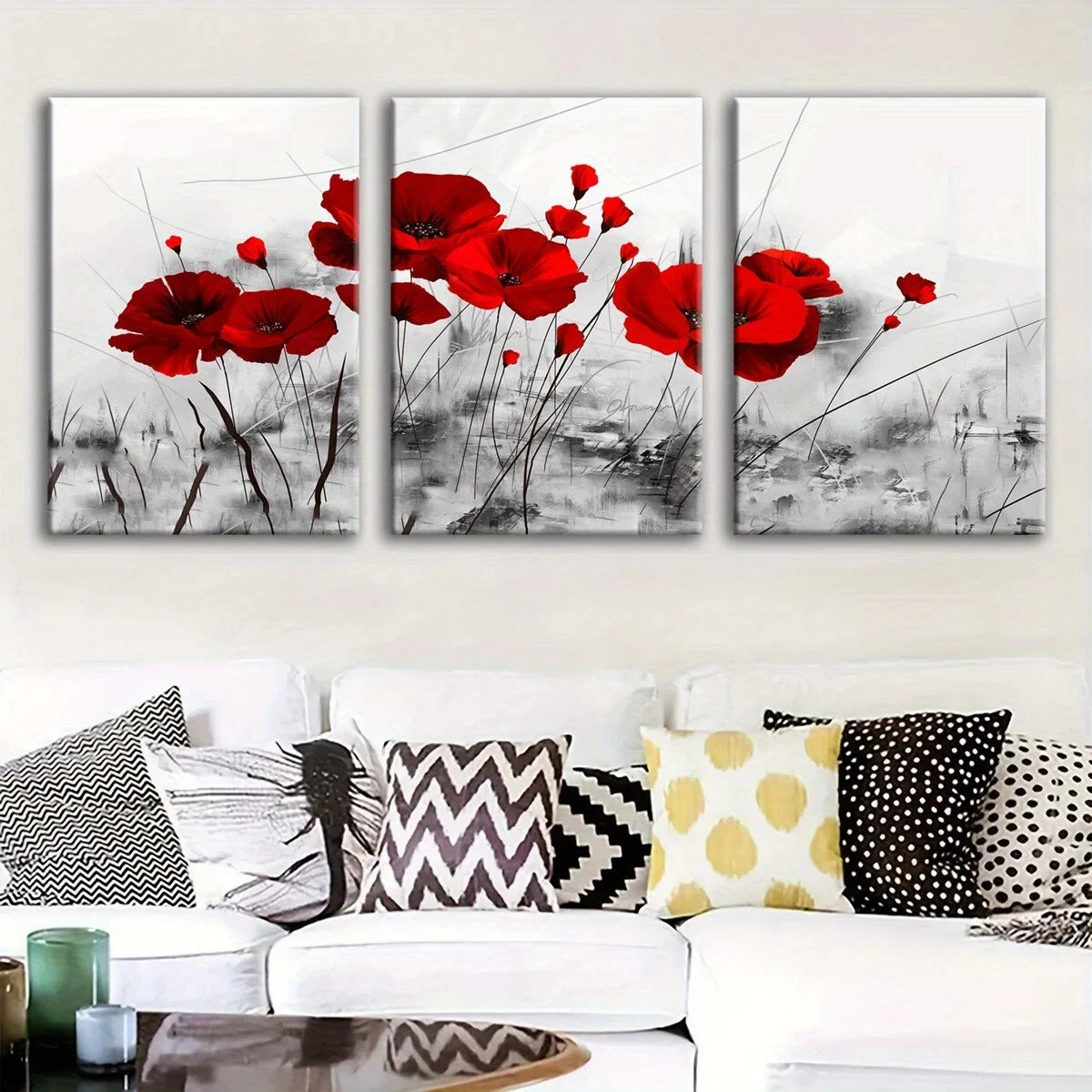 3pcs Red Poppy Modern Fantasy Metal Print Ready to Hang Art - Bella Home Decor