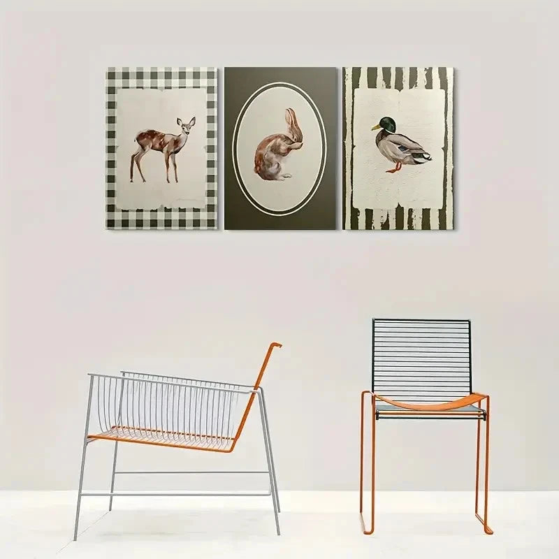 3pcs Deer Rabbit Duck Animal Themed Metal Print Ready to Hang Art - Bella Home Decor