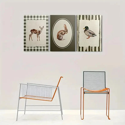 3pcs Deer Rabbit Duck Animal Themed Metal Print Ready to Hang Art - Bella Home Decor