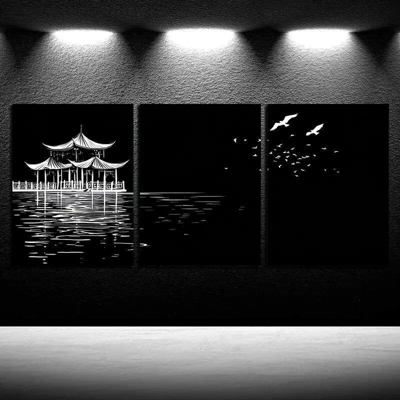 3pcs Modern Black and White Bridge Metal Print Ready to Hang Art - Bella Home Decor