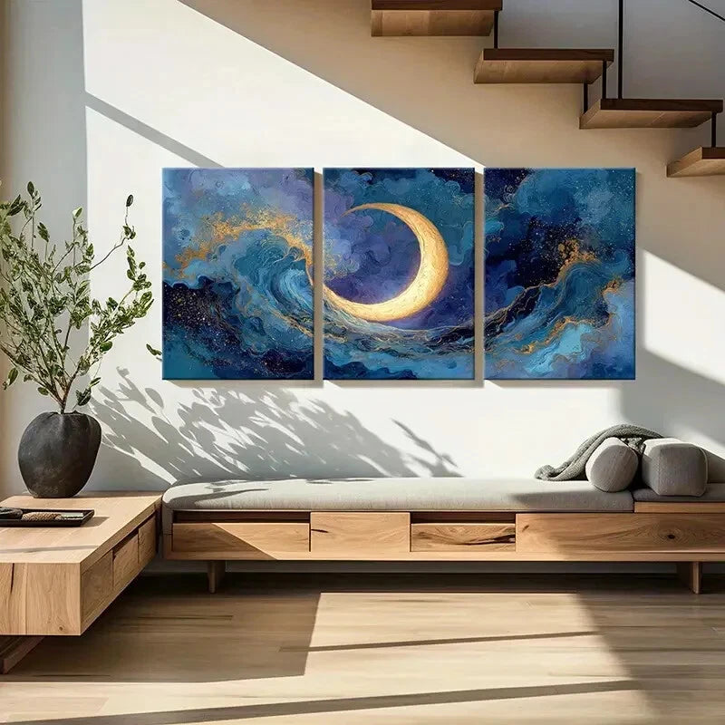 3pcs Moonlit Ocean Waves Abstract Art Starry Night Metal Print Ready to Hang Art - Bella Home Decor