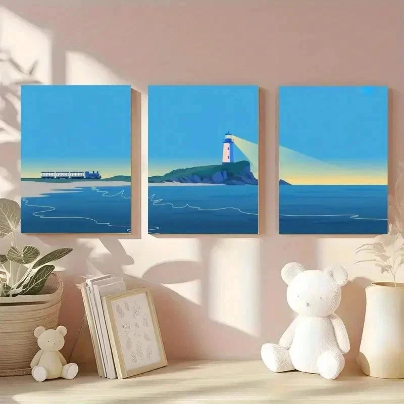 3pcs Beach, Lighthouse, Train    Wall Art Canvas  Wall Art Set Canvas Framed 40x60cm - High Quality Print 100% Australian Made Wall Canvas Ready to Hang - Bella Home Decor