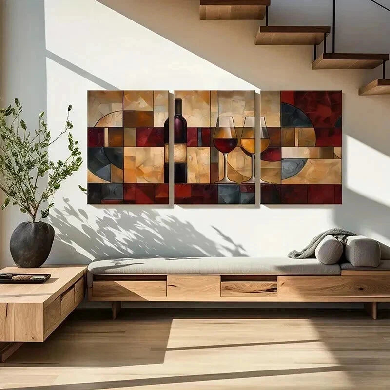 3pcs Abstract Wine Bottle And Glasses Artwork Wall Art Set Canvas Framed 40x60cm - High Quality Print 100% Australian Made Wall Canvas Ready to Hang - Bella Home Decor