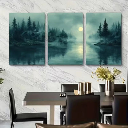 3pcs Illustration of Green River Landscape Metal Print Ready to Hang Art