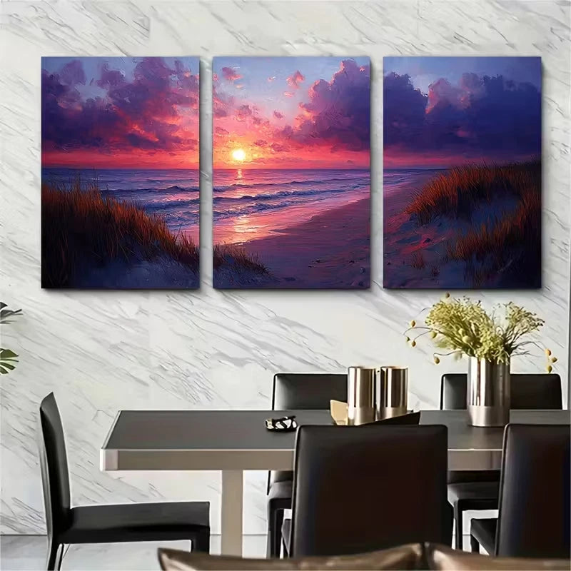 3pcs Cloudy Sunset Over Seashore Oil Painting Metal Print Ready to Hang Art - Bella Home Decor
