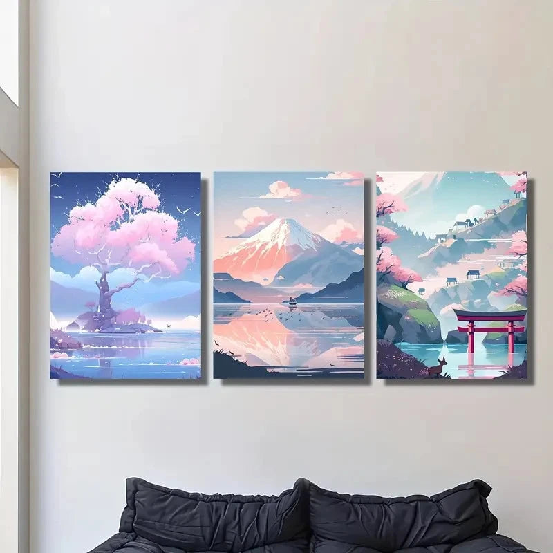 3pcs Snowy Mountain Landscape with Cherry Blossom Metal Print Ready to Hang Art