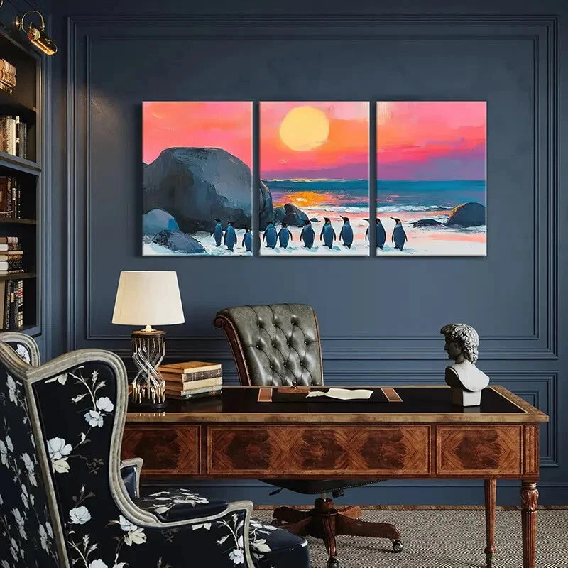 3pcs Artistic Penguins Sunset Beach Landscape Metal Print Ready to Hang Art - Bella Home Decor