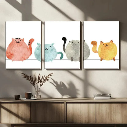 3pcs Cat Paintings Cute and Playful Style Metal Print Ready to Hang Art