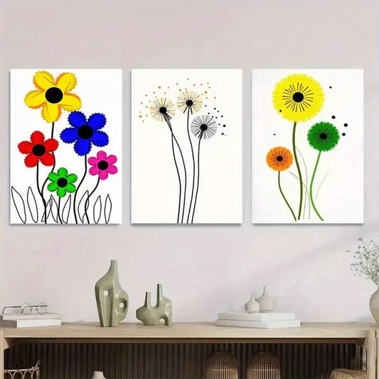 3pcs Vibrant Floral & Dandelion Colorful Flower Wall Art Set Canvas Framed 50x70cm - High Quality Print 100% Australian Made Wall Canvas Ready to Hang