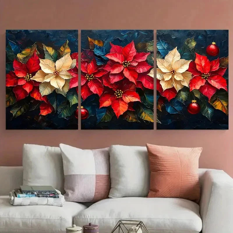 3pcs Poinsettia Florals Impasto Illustration Metal Print Ready to Hang Art - Bella Home Decor