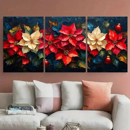 3pcs Poinsettia Florals Impasto Illustration Metal Print Ready to Hang Art - Bella Home Decor