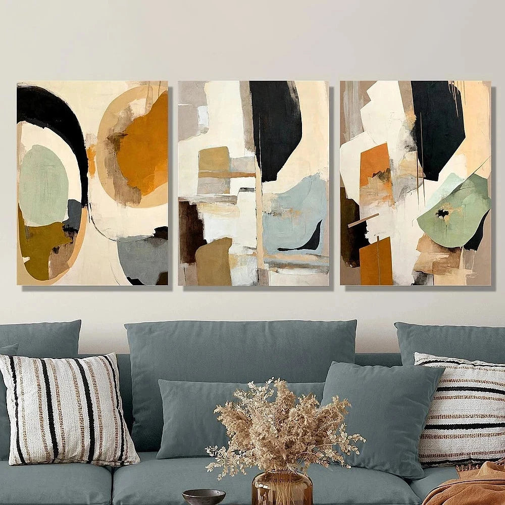 3pcs Abstract Color Block Green Orange Beige Metal Print Ready to Hang Art - Bella Home Decor
