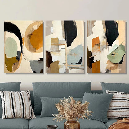 3pcs Abstract Color Block Green Orange Beige Metal Print Ready to Hang Art - Bella Home Decor