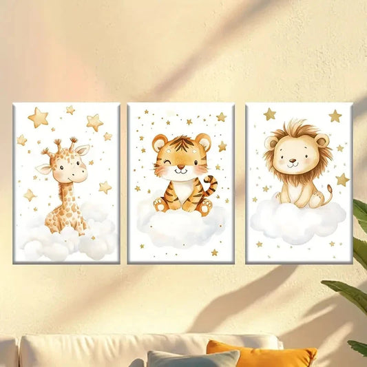 3pcs Cute Cartoon Lion, Giraffe and Tiger Wall Art Set Canvas Framed 50x70cm - High Quality Print 100% Australian Made Wall Canvas Ready to Hang