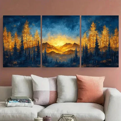 3pcs Ethereal Golden Forest Canvas Abstract Blue Wall Art Canvas Unframed – High Quality Print 100% Australian Made Wall Canvas