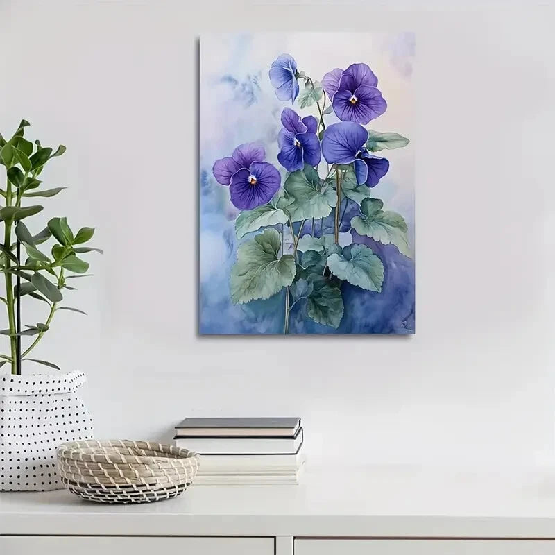 Vibrant Blue & Purple Violets Floral Design,Painting  40x60cm Metal Print Ready to Hang - Bella Home Decor