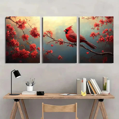 3pcs Vibrant Cardinal & Cherry Blossom  Wall Art Set Canvas Unframed - High Quality Print 100% Australian Made Wall Canvas